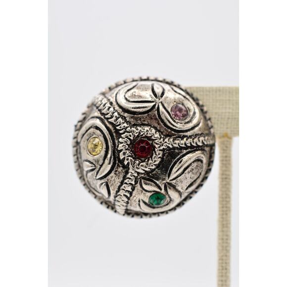 Vintage Chunky Clip On Earrings Crystal Antiqued Round Mod Dep Signed 1980s A21 - Picture 6 of 12